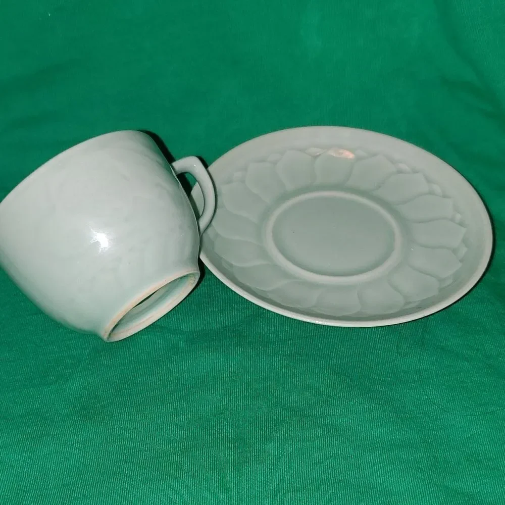 Vintage Longquan Celadon Koi Carp Fish Tea Cup Saucer 6 0z.